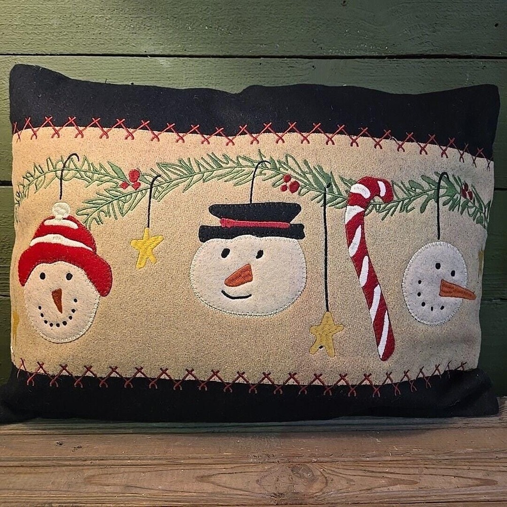 Christmas Snowman Candy Cane Embroidered Applique Holiday Decor Accent Pillow
